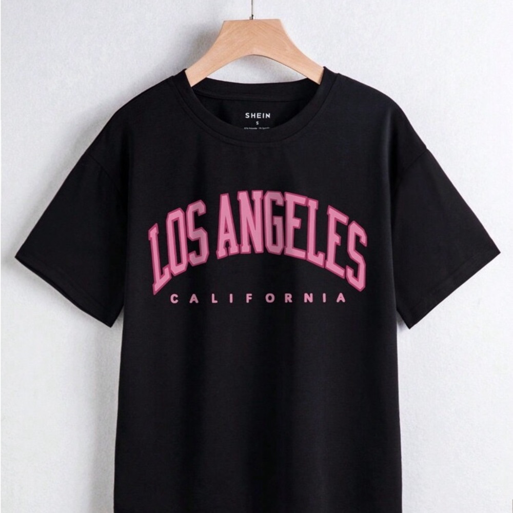 SHEIN Black Tee with Pink Los Angeles Print